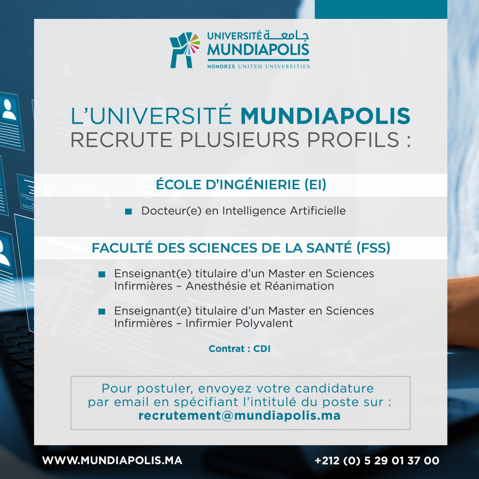 Recrutement Mundiapolis Casablanca 2026 — Docteur IA et Enseignants Sciences Infirmières