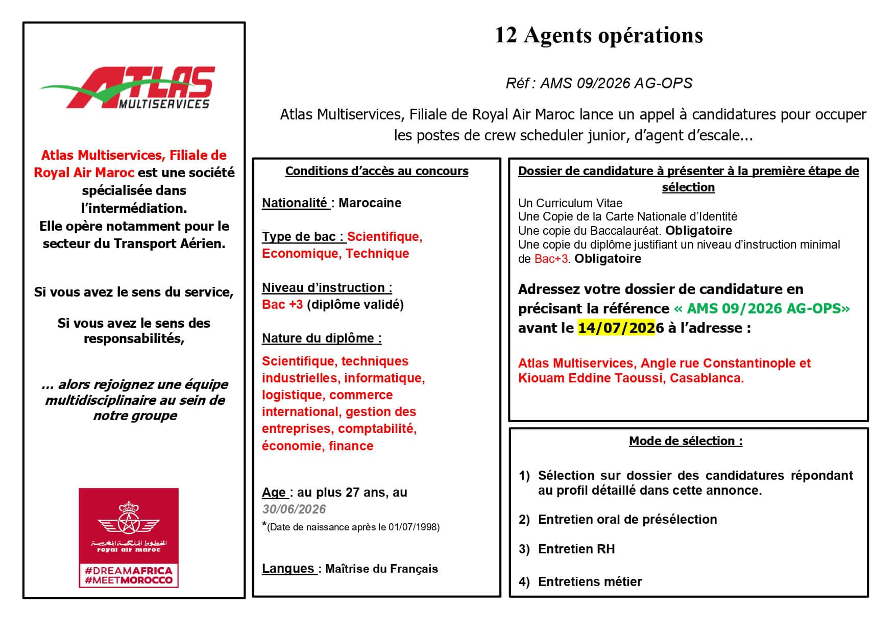 Concours Atlas Multiservices Casablanca 2026 recrutement 12 agents opérations